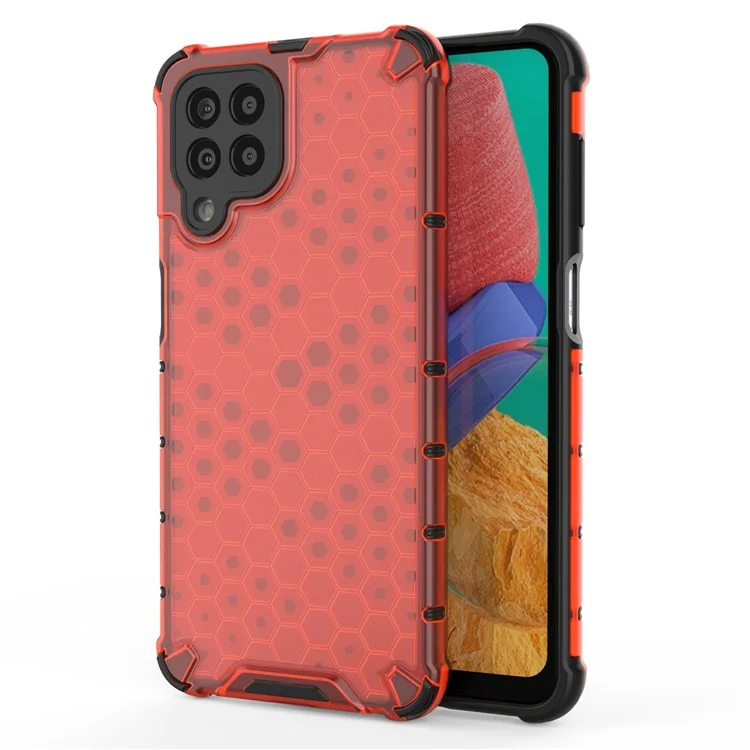 For Samsung Galaxy M33 5G (Global Version) Honeycomb Textured Soft TPU + Hard PC Phone Anti-drop Case Hybrid Protective Cover - Red