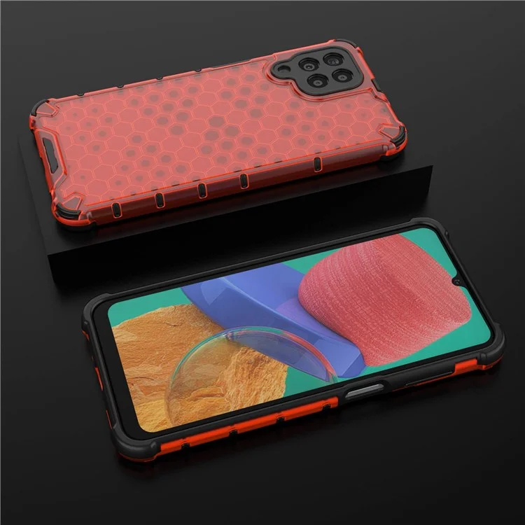 For Samsung Galaxy M33 5G (Global Version) Honeycomb Textured Soft TPU + Hard PC Phone Anti-drop Case Hybrid Protective Cover - Red