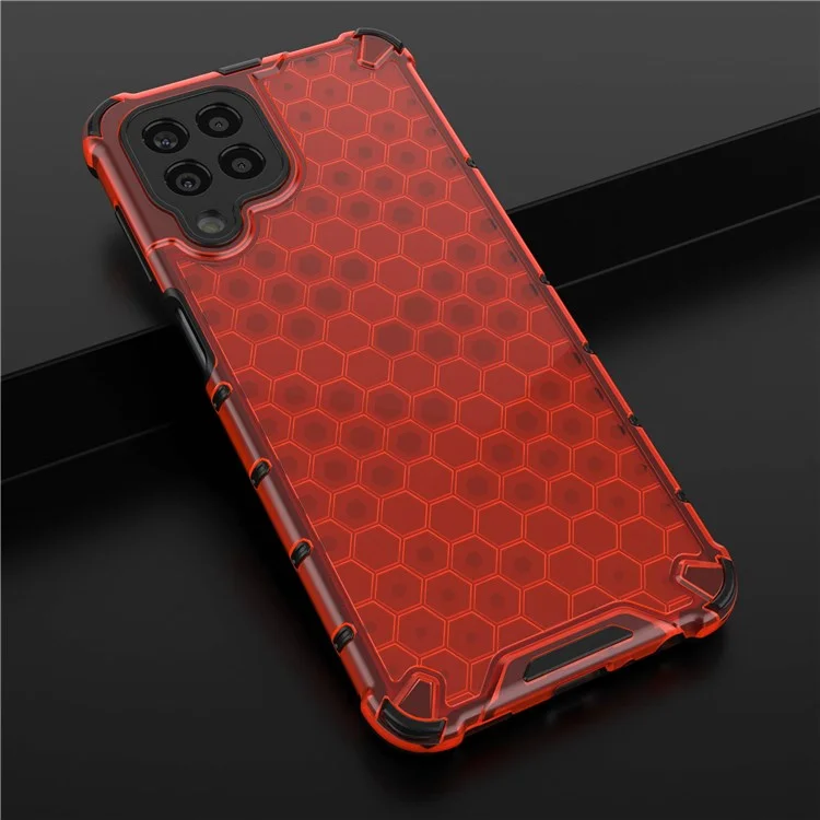 For Samsung Galaxy M33 5G (Global Version) Honeycomb Textured Soft TPU + Hard PC Phone Anti-drop Case Hybrid Protective Cover - Red