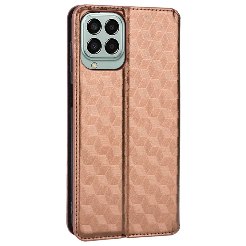 For Samsung Galaxy M53 5G Imprinted Rhombus Pattern Phone Case PU Leather Stand Magnetic Auto Closure Wallet Phone Shell - Brown