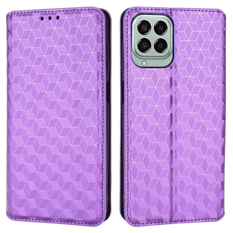 Anti-scratch Imprinted Rhombus Pattern Case for Samsung Galaxy M33 5G (Global Version), PU Leather Stand Magnetic Auto Closure Wallet Phone Cover - Purple