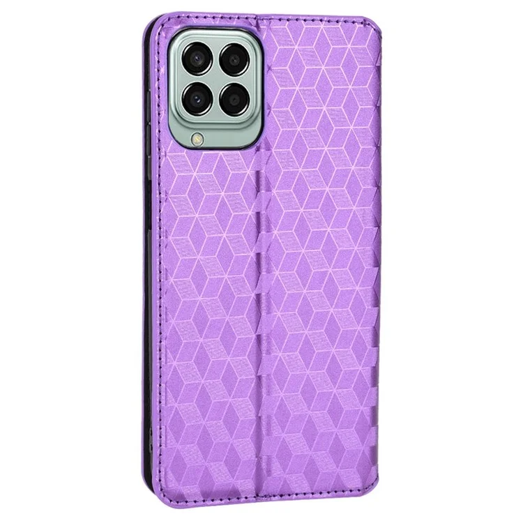 Anti-scratch Imprinted Rhombus Pattern Case for Samsung Galaxy M33 5G (Global Version), PU Leather Stand Magnetic Auto Closure Wallet Phone Cover - Purple