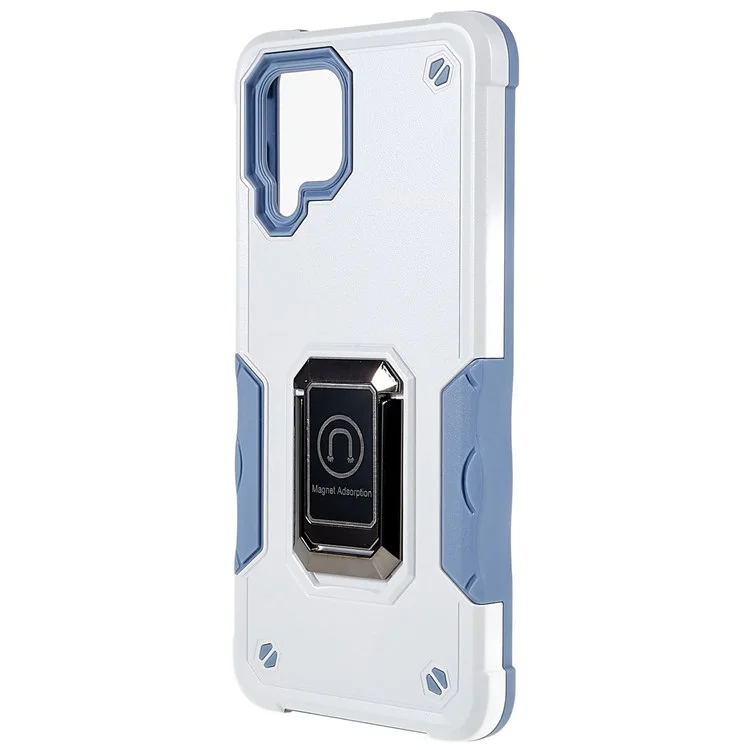 Für Samsung Galaxy M32 (globale Version)/F22/M22 Soft TPU Hard PC Armor Militärische Abdeckung Precise Cutout Ringhalter Kickstand Schockdelefonhülle - Weiß