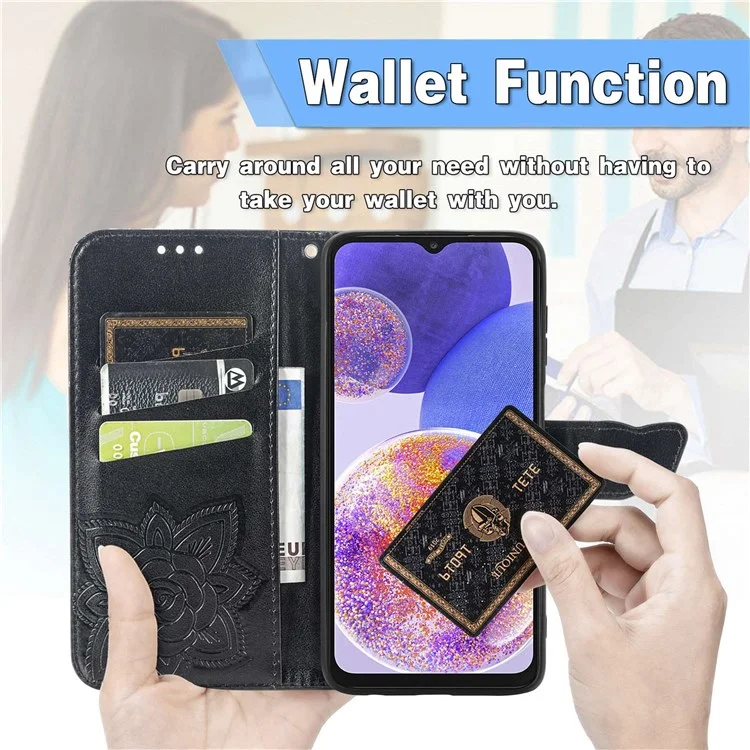 Big Butterfly Imprinting Leather Phone Shell for Samsung Galaxy A23 5G (Global Version), Drop-Prevention PU Leather Stand Wallet Case with Handy Strap - Black