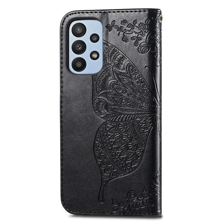 Big Butterfly Imprinting Leather Phone Shell for Samsung Galaxy A23 5G (Global Version), Drop-Prevention PU Leather Stand Wallet Case with Handy Strap - Black