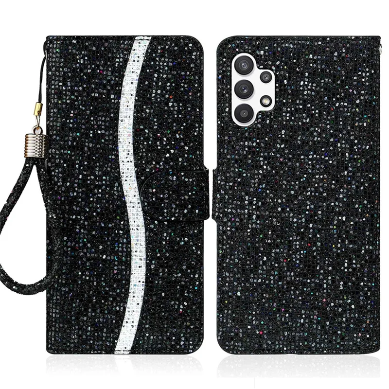 For Samsung Galaxy A13 4G Glittery Sequins Splicing Cover PU Leather Stand Detachable Wrist Strap Flip Wallet Phone Case - Black