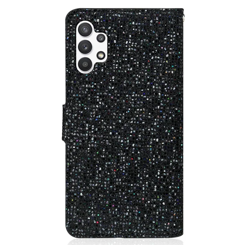 For Samsung Galaxy A13 4G Glittery Sequins Splicing Cover PU Leather Stand Detachable Wrist Strap Flip Wallet Phone Case - Black