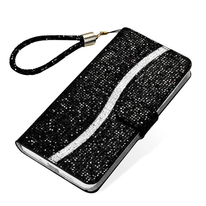 For Samsung Galaxy A13 4G Glittery Sequins Splicing Cover PU Leather Stand Detachable Wrist Strap Flip Wallet Phone Case - Black