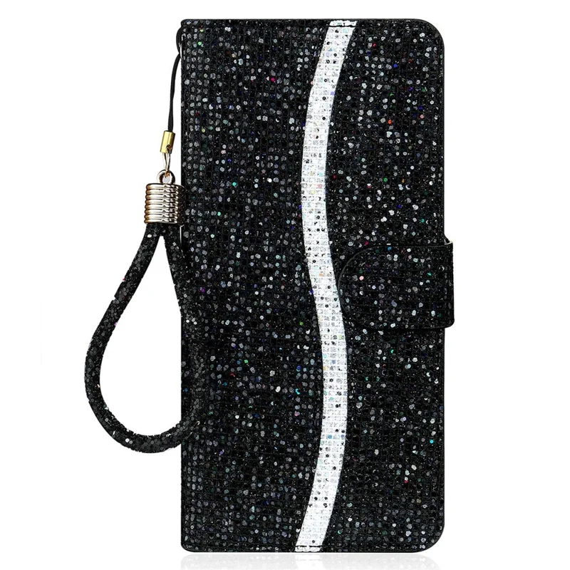 For Samsung Galaxy A13 4G Glittery Sequins Splicing Cover PU Leather Stand Detachable Wrist Strap Flip Wallet Phone Case - Black