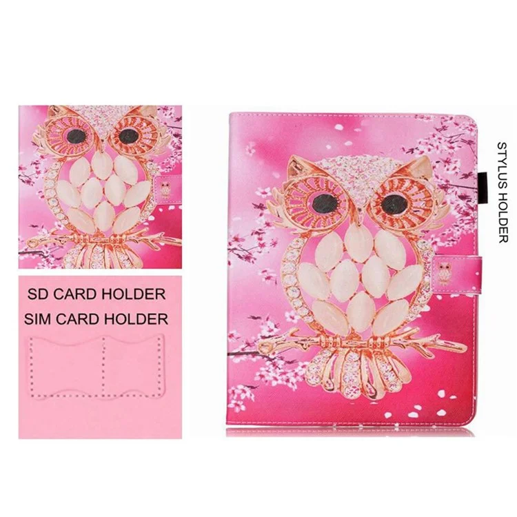 Smart Leather Wallet Case for Samsung Galaxy Tab E 8.0 T375 T377 - Diamante Owl Pattern