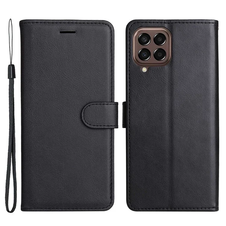 For Samsung Galaxy M33 5G (Global) Case Solid Color Leather Mobile Cover Wallet Stand with Strap - Black
