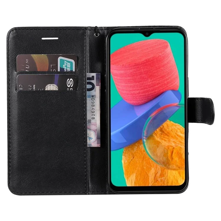 For Samsung Galaxy M33 5G (Global) Case Solid Color Leather Mobile Cover Wallet Stand with Strap - Black