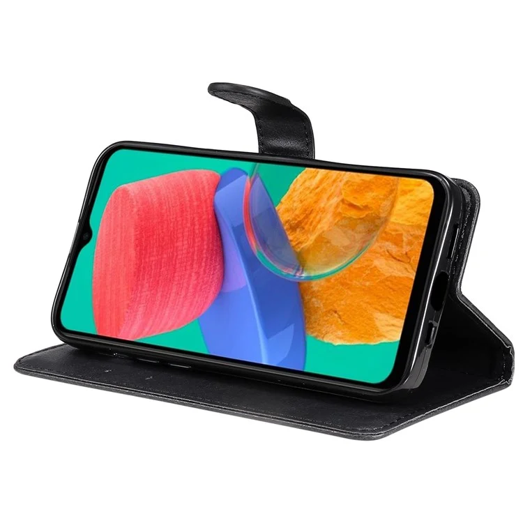 For Samsung Galaxy M33 5G (Global) Case Solid Color Leather Mobile Cover Wallet Stand with Strap - Black