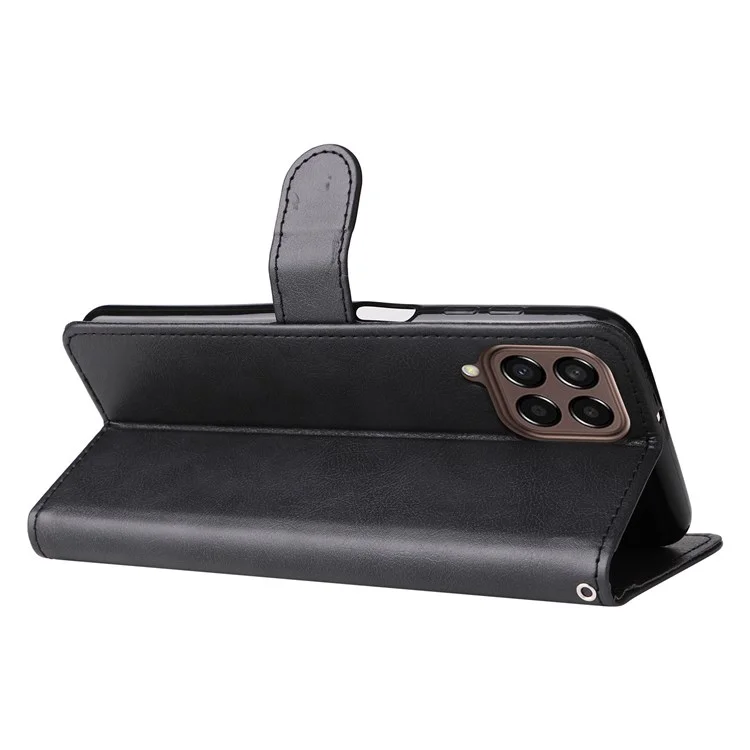 For Samsung Galaxy M33 5G (Global) Case Solid Color Leather Mobile Cover Wallet Stand with Strap - Black
