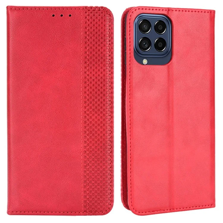 Phone Cover for Samsung Galaxy M33 5G (Global Version), Well-protected Anti-scratch Auto-Absorbed Retro Surface Wallet Stand Leather Phone Accessory - Red