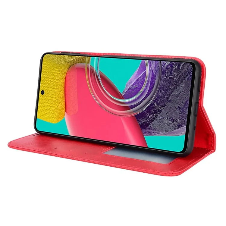 Handyhülle für Samsung Galaxy M33 5G (Globale Version), gut geschützt, kratzfest, Absorp-tionseffekt, vintage Oberfläche, Brieftasche, Ständer, Leder-Handy-Zubehör - Rot