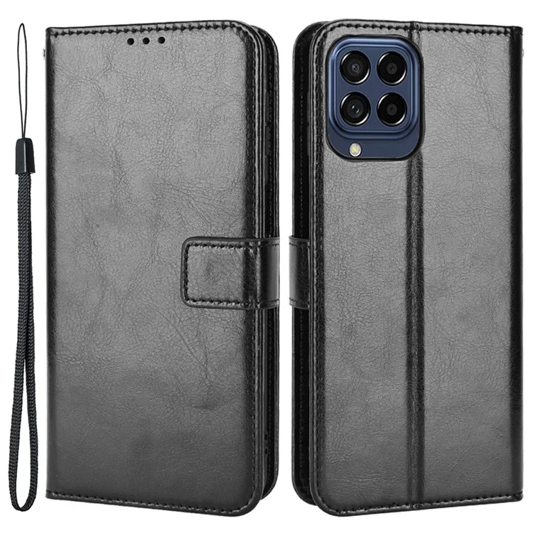 Für Samsung Galaxy M33 5G (globale Version) Crazy Horse Texture Wallet Flip Cover PU Leder TPU Innenschale Magnetisch Verschlussstand Funktion Folio Hülle Mit Riemen - Schwarz