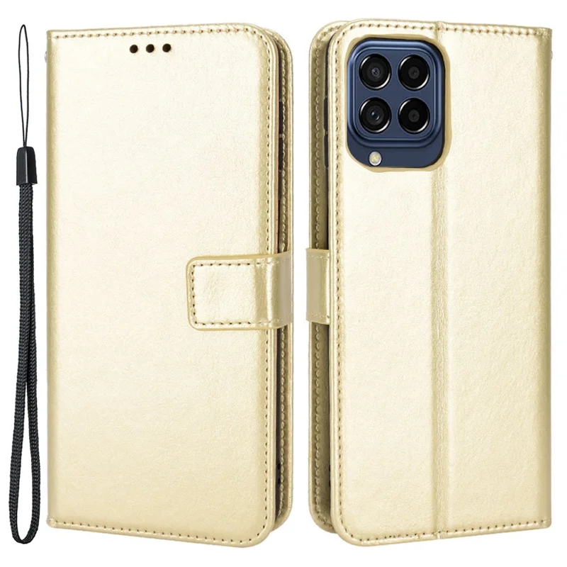 För Samsung Galaxy M33 5G (Global Version) Crazy Horse-structur Längsed Wallet Flip Cover PU-läder TPU-innerskal Magnetisk Avslutning Stödfunktion Folio Etui med Rem - Guld