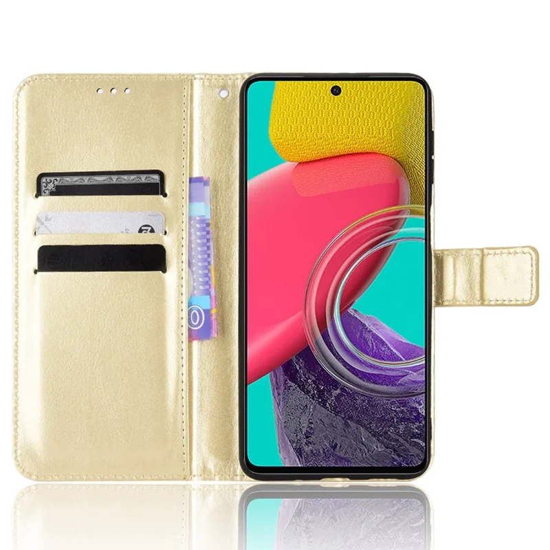 För Samsung Galaxy M33 5G (Global Version) Crazy Horse-structur Längsed Wallet Flip Cover PU-läder TPU-innerskal Magnetisk Avslutning Stödfunktion Folio Etui med Rem - Guld