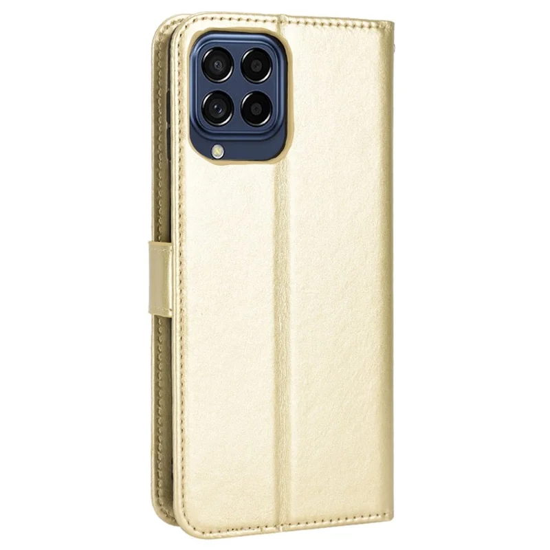 För Samsung Galaxy M33 5G (Global Version) Crazy Horse-structur Längsed Wallet Flip Cover PU-läder TPU-innerskal Magnetisk Avslutning Stödfunktion Folio Etui med Rem - Guld