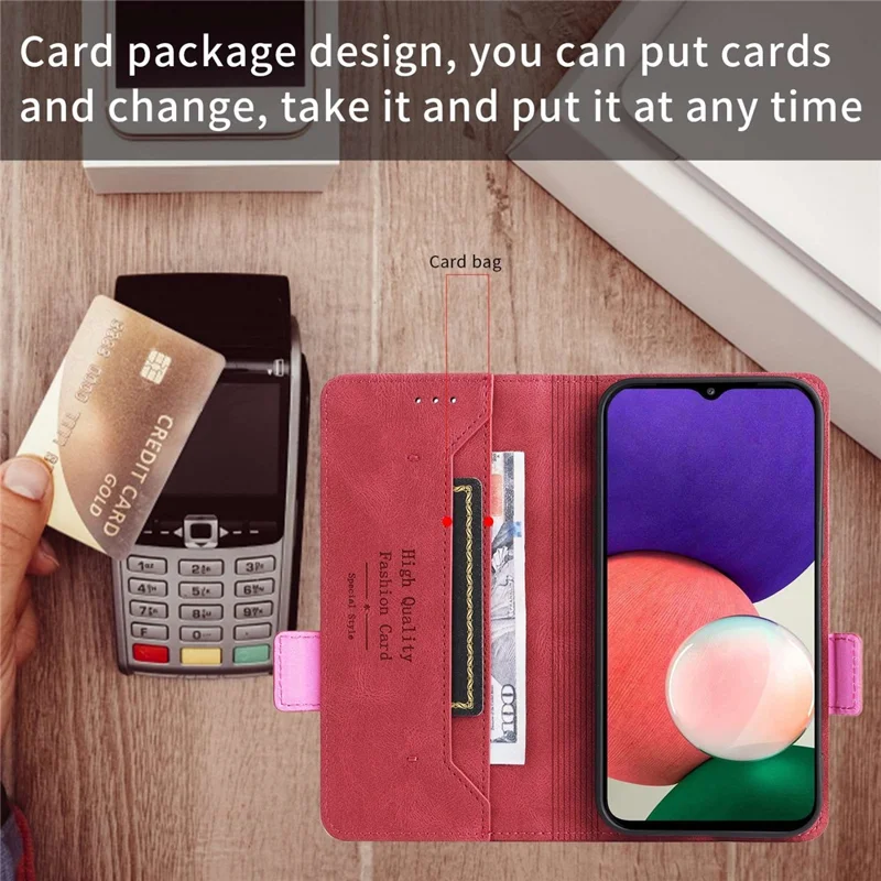 For Samsung Galaxy A22 5G (EU Version) Anti-scratch PU Leather Phone Case Hardware Design Smartphone Cover with Wallet Stand - Rose