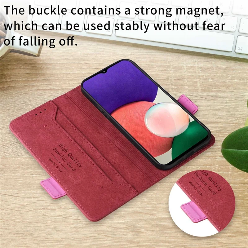 For Samsung Galaxy A22 5G (EU Version) Anti-scratch PU Leather Phone Case Hardware Design Smartphone Cover with Wallet Stand - Rose