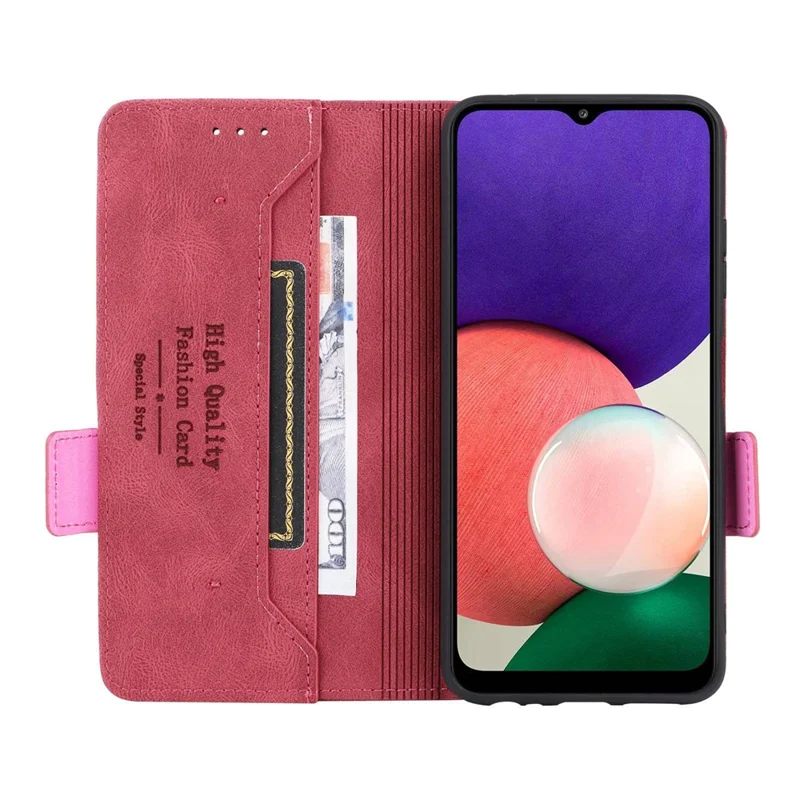 For Samsung Galaxy A22 5G (EU Version) Anti-scratch PU Leather Phone Case Hardware Design Smartphone Cover with Wallet Stand - Rose