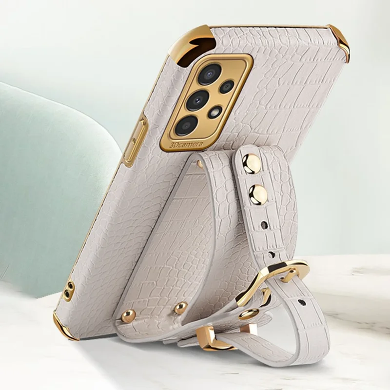 For Samsung Galaxy A13 4G Shockproof Electroplated Crocodile Texture Phone Case Anti-scratch Protective Cellphone Cover PU Leather Coated TPU Shell with Hand Strap Kickstand - Black