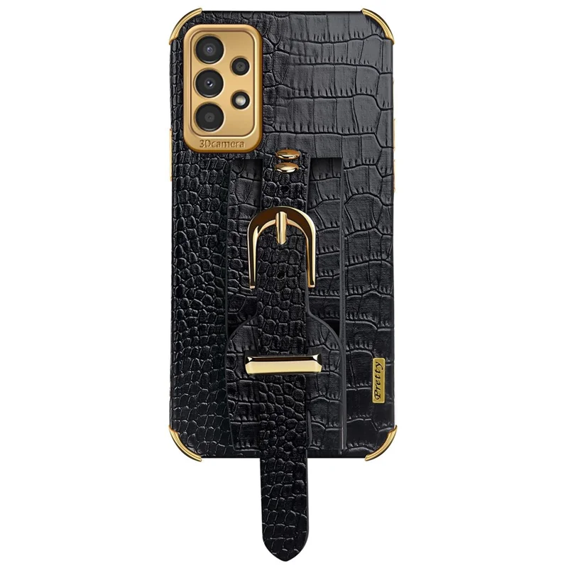 For Samsung Galaxy A13 4G Shockproof Electroplated Crocodile Texture Phone Case Anti-scratch Protective Cellphone Cover PU Leather Coated TPU Shell with Hand Strap Kickstand - Black