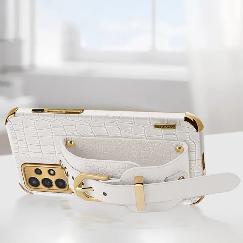 For Samsung Galaxy A13 4G Shockproof Electroplated Crocodile Texture Phone Case Anti-scratch Protective Cellphone Cover PU Leather Coated TPU Shell with Hand Strap Kickstand - Black