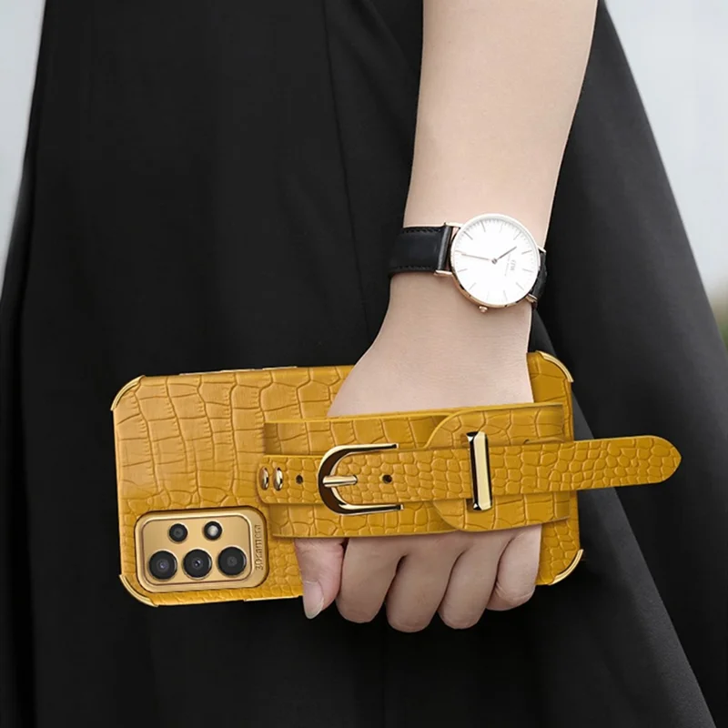 For Samsung Galaxy A13 4G Shockproof Electroplated Crocodile Texture Phone Case Anti-scratch Protective Cellphone Cover PU Leather Coated TPU Shell with Hand Strap Kickstand - Black