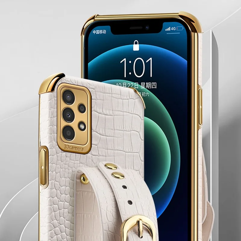 For Samsung Galaxy A13 4G Shockproof Electroplated Crocodile Texture Phone Case Anti-scratch Protective Cellphone Cover PU Leather Coated TPU Shell with Hand Strap Kickstand - Black