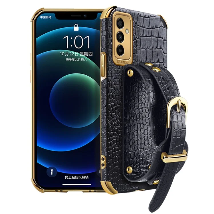 Pour Samsung Galaxy M23 5G / F23 5G Couverture de Téléphone Portable Anti-automne à L'épreuve Des Chocs 6D Crocodile de Téléphone Crocodile Electroplated Crocodile Boot en Cuir PU Revêtu de TPU Avec Sangle de Sangle à Main - le Noir