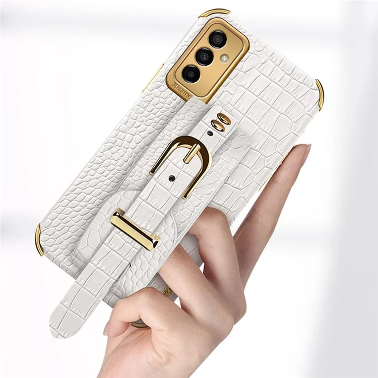 Pour Samsung Galaxy M23 5G / F23 5G Couverture de Téléphone Portable Anti-automne à L'épreuve Des Chocs 6D Crocodile de Téléphone Crocodile Electroplated Crocodile Boot en Cuir PU Revêtu de TPU Avec Sangle de Sangle à Main - le Noir