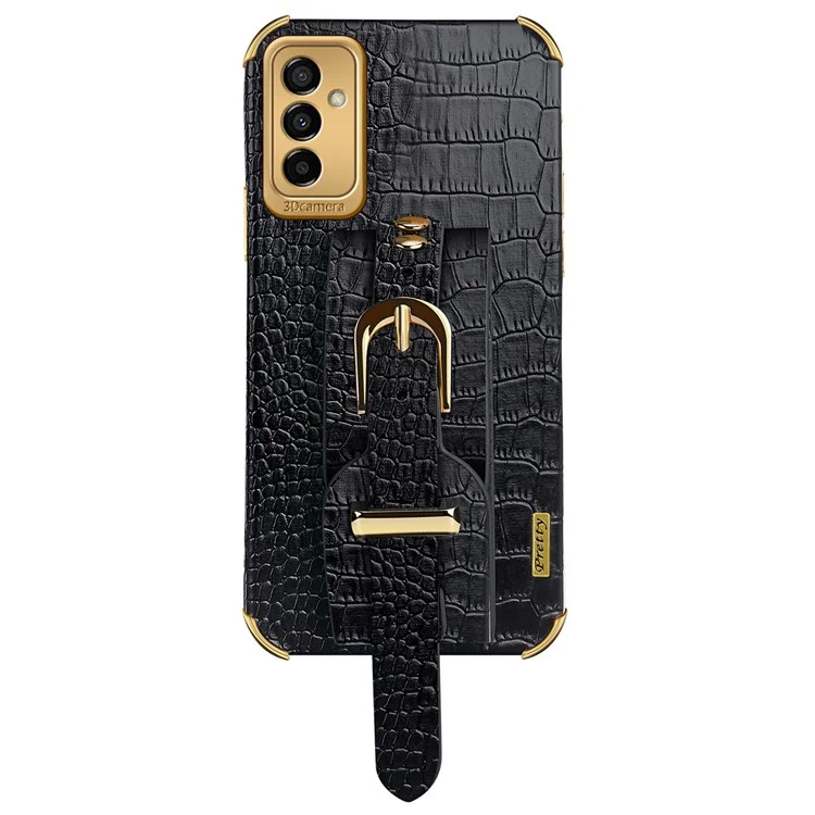 Pour Samsung Galaxy M23 5G / F23 5G Couverture de Téléphone Portable Anti-automne à L'épreuve Des Chocs 6D Crocodile de Téléphone Crocodile Electroplated Crocodile Boot en Cuir PU Revêtu de TPU Avec Sangle de Sangle à Main - le Noir