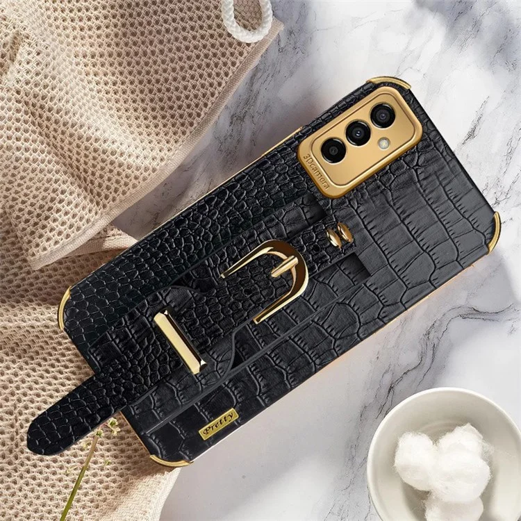 Pour Samsung Galaxy M23 5G / F23 5G Couverture de Téléphone Portable Anti-automne à L'épreuve Des Chocs 6D Crocodile de Téléphone Crocodile Electroplated Crocodile Boot en Cuir PU Revêtu de TPU Avec Sangle de Sangle à Main - le Noir