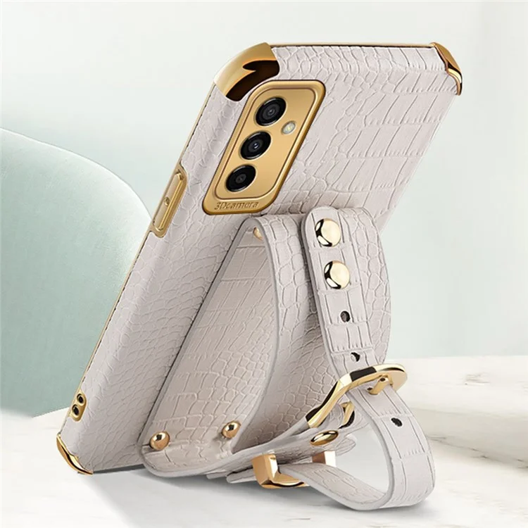 Pour Samsung Galaxy M23 5G / F23 5G Couverture de Téléphone Portable Anti-automne à L'épreuve Des Chocs 6D Crocodile de Téléphone Crocodile Electroplated Crocodile Boot en Cuir PU Revêtu de TPU Avec Sangle de Sangle à Main - le Noir
