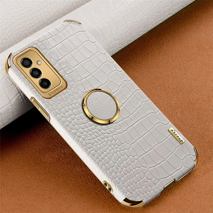Pour Samsung Galaxy M23 5G / F23 5G Téléphone D'amortisseur Couverture de Téléphone Crocodile Texture Kickstand Contrôle de L'anneau de Doigt Électroplasé PU TPU TPU TPU Anti-scratch - Blanche