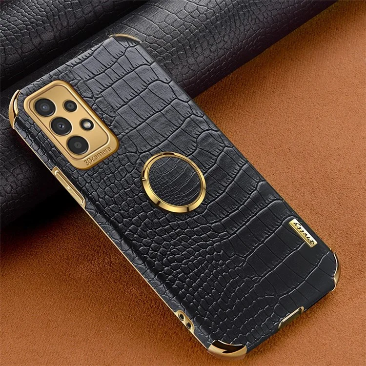 For Samsung Galaxy A13 4G Phone Case with Ring Holder Kickstand Anti-drop Precise Cutout Crocodile Texture Leather Coated TPU 6D Electroplated Scratch Resistant Shell - Black