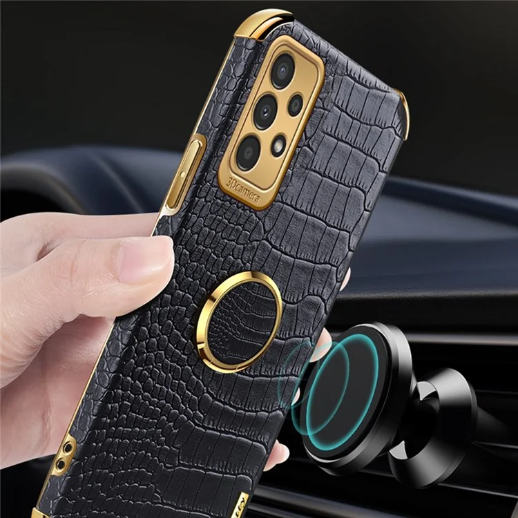 For Samsung Galaxy A13 4G Phone Case with Ring Holder Kickstand Anti-drop Precise Cutout Crocodile Texture Leather Coated TPU 6D Electroplated Scratch Resistant Shell - Black