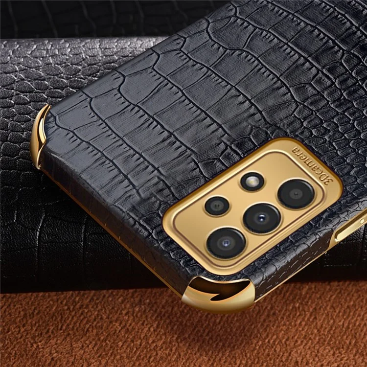 For Samsung Galaxy A13 4G Phone Case with Ring Holder Kickstand Anti-drop Precise Cutout Crocodile Texture Leather Coated TPU 6D Electroplated Scratch Resistant Shell - Black