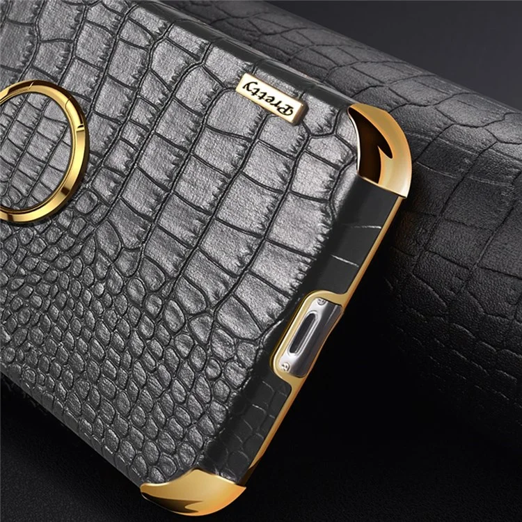 For Samsung Galaxy A13 4G Phone Case with Ring Holder Kickstand Anti-drop Precise Cutout Crocodile Texture Leather Coated TPU 6D Electroplated Scratch Resistant Shell - Black