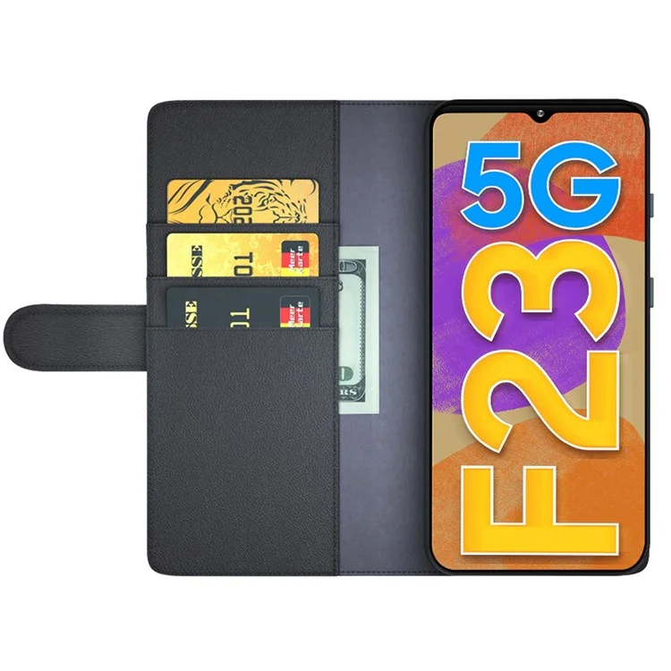 For Samsung Galaxy M23 5G / F23 5G Case Genuine Split Leather Phone Cover with Wallet Stand - Black