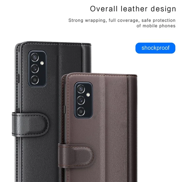 For Samsung Galaxy M52 5G Case Genuine Split Leather Phone Cover with Wallet Stand - Black