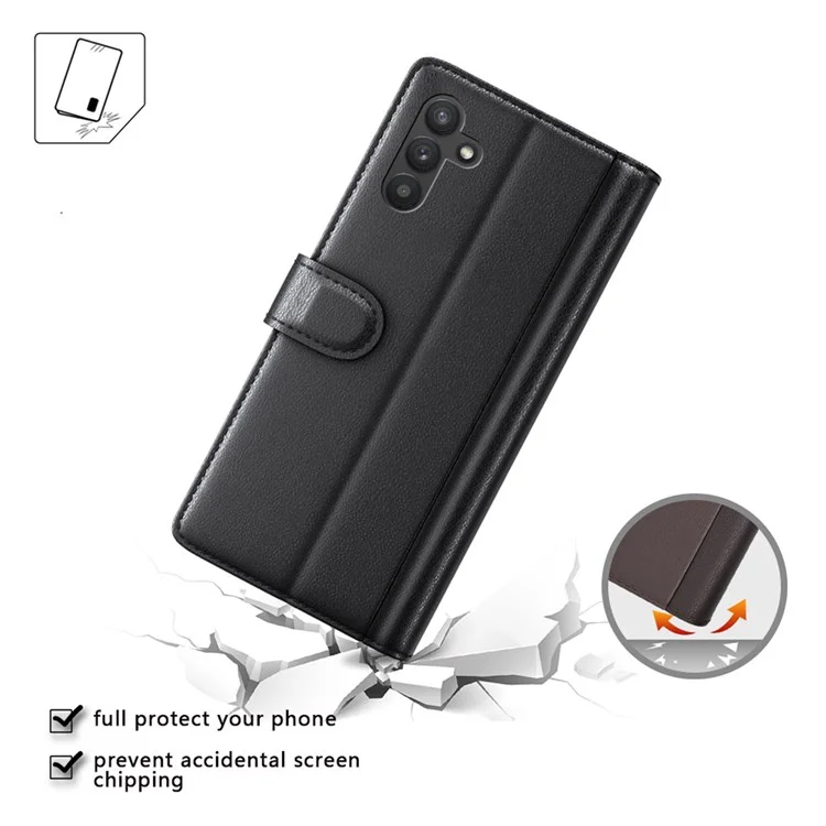 For Samsung Galaxy A13 5G / A04s 4G (164.7mm) Case Genuine Split Leather Phone Cover with Wallet Stand - Black