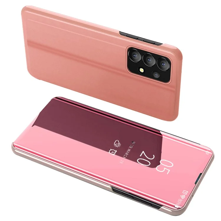 Para Samsung Galaxy A13 4G Visualização Smart Visualização Tampa Da Janela PU Eletroplate Stand Espelhado Livraria - Rosa Ouro