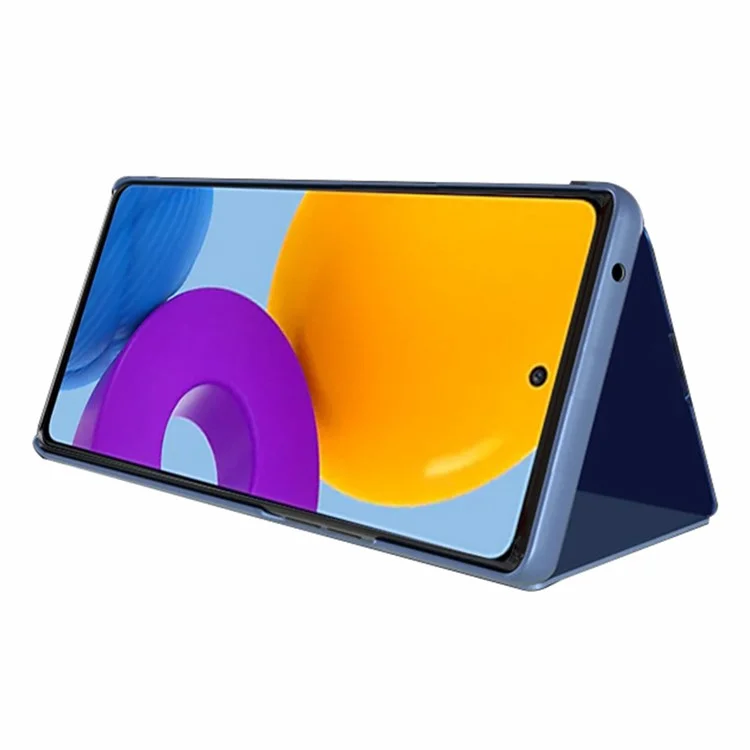 Para Samsung Galaxy M23 5G/F23 5G Capa de Flip de Espelho de Revestimento Eletrolítico de Couro PU com Janela de Visualização e Suporte - Azul Céu