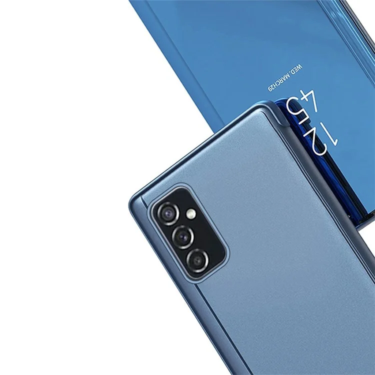 Para Samsung Galaxy M23 5G/F23 5G Capa de Flip de Espelho de Revestimento Eletrolítico de Couro PU com Janela de Visualização e Suporte - Azul Céu