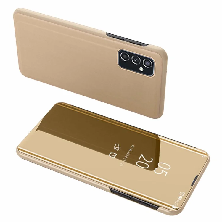 Para Samsung Galaxy M23 5G/F23 5G PU Leather Window View Stand Feature Case Mirror Screen Flip Electroplate Plating Cover - Dourado
