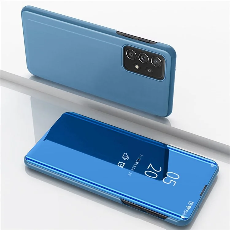 For Samsung Galaxy A33 5G Mirror Flip Case PU Leather Electroplate Stand Smart View Window Business Phone Cover - Sky Blue